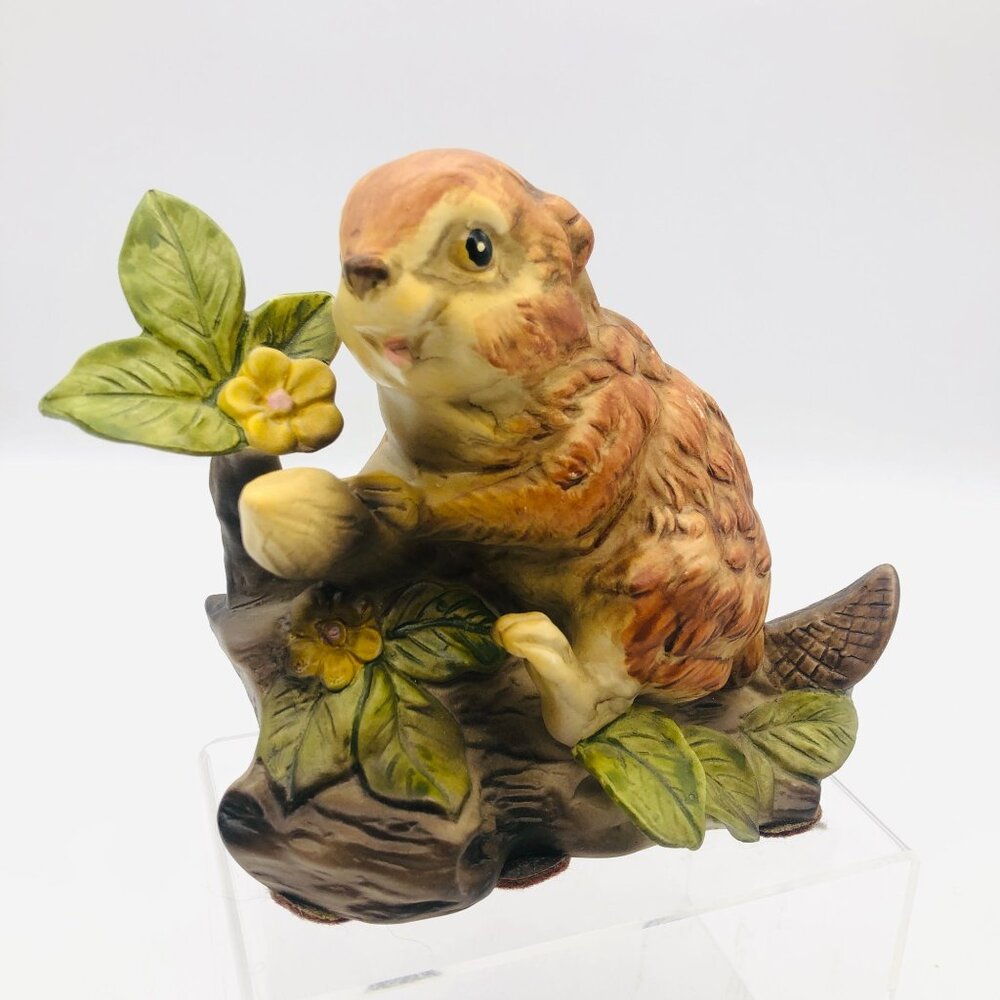 Vintage Hand-Painted Porcelain Beaver Figurine on Tree Flowers 5" Studio Made - Picture 1 of 9